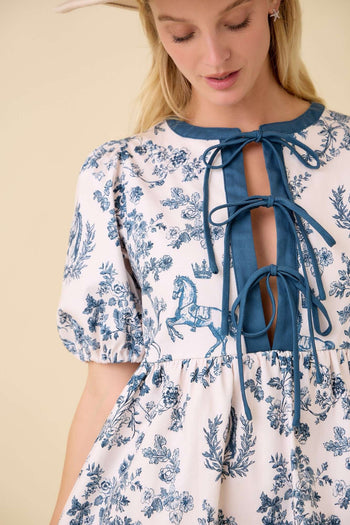 Main Strip Vintage Horse Toile Print Denim Mini Dress in Dark Navy