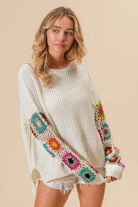 BiBi Knit Sweater with Crochet Granny Knit Square Sleeves in Ivory