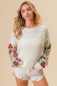 BiBi Knit Sweater with Crochet Granny Knit Square Sleeves in Ivory