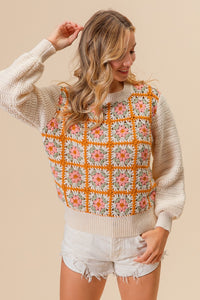 BiBi Sweater with Granny Square Flower Crochet Front in Ivory