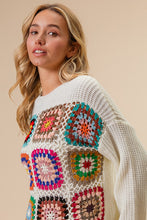 Load image into Gallery viewer, BiBi Sweater with Open Knit Front Crochet Multi Colored Squares in Ivory
