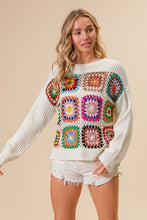 Load image into Gallery viewer, BiBi Sweater with Open Knit Front Crochet Multi Colored Squares in Ivory
