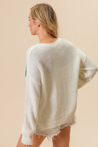 BiBi Sweater with Open Knit Front Crochet Multi Colored Squares in Ivory