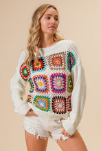 Load image into Gallery viewer, BiBi Sweater with Open Knit Front Crochet Multi Colored Squares in Ivory
