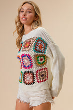 Load image into Gallery viewer, BiBi Sweater with Open Knit Front Crochet Multi Colored Squares in Ivory
