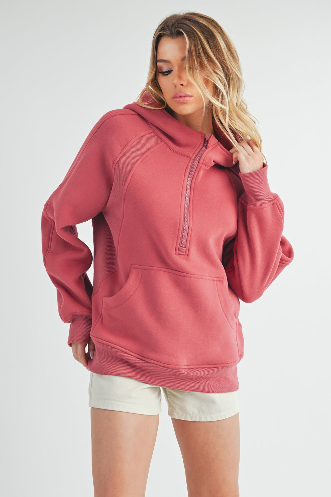 Aemi + Co Drea Half Zip Hoodie Top in Berry