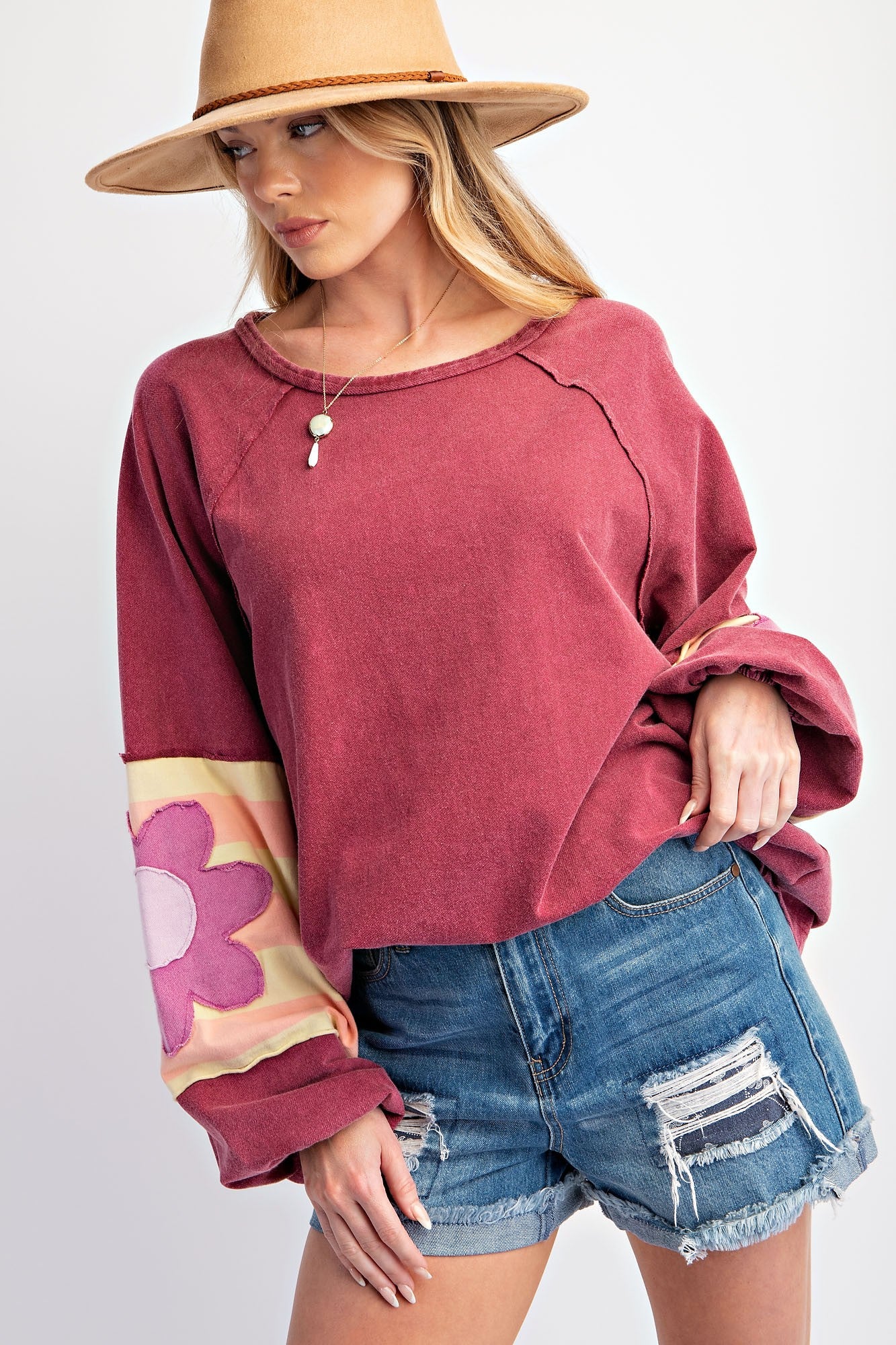 Easel Terry Knit Pullover Top with Flower Patch Details in Vintage