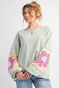 Easel Terry Knit Pullover Top with Flower Patch Details in Sage