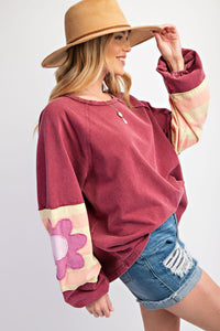 Easel Terry Knit Pullover Top with Flower Patch Details in Vintage Wine