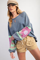 Easel Terry Knit Pullover Top with Flower Patch Details in Washed Denim
