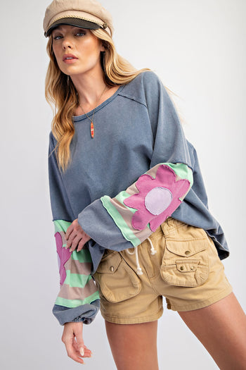 Easel Terry Knit Pullover Top with Flower Patch Details in Washed Denim