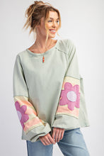 Load image into Gallery viewer, Easel Terry Knit Pullover Top with Flower Patch Details in Sage
