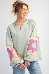 Easel Terry Knit Pullover Top with Flower Patch Details in Sage