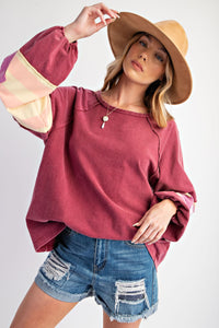 Easel Terry Knit Pullover Top with Flower Patch Details in Vintage Wine