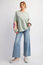 Load image into Gallery viewer, Easel Terry Knit Pullover Top with Flower Patch Details in Sage
