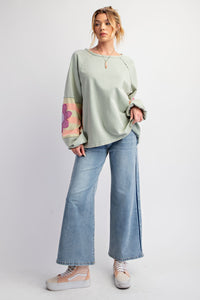 Easel Terry Knit Pullover Top with Flower Patch Details in Sage