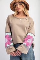 Easel Terry Knit Pullover Top with Flower Patch Details in Mushroom