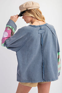 Easel Terry Knit Pullover Top with Flower Patch Details in Washed Denim