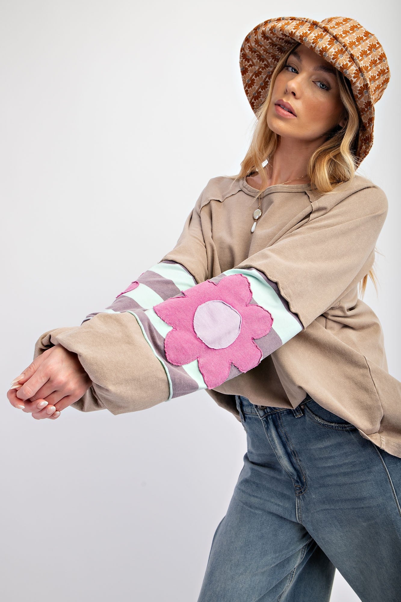 Easel Terry Knit Pullover Top with Flower Patch Details in
