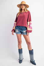 Load image into Gallery viewer, Easel Terry Knit Pullover Top with Flower Patch Details in Vintage Wine
