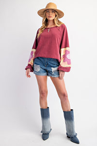 Easel Terry Knit Pullover Top with Flower Patch Details in Vintage Wine