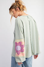 Load image into Gallery viewer, Easel Terry Knit Pullover Top with Flower Patch Details in Sage
