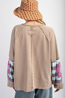 Easel Terry Knit Pullover Top with Flower Patch Details in Mushroom