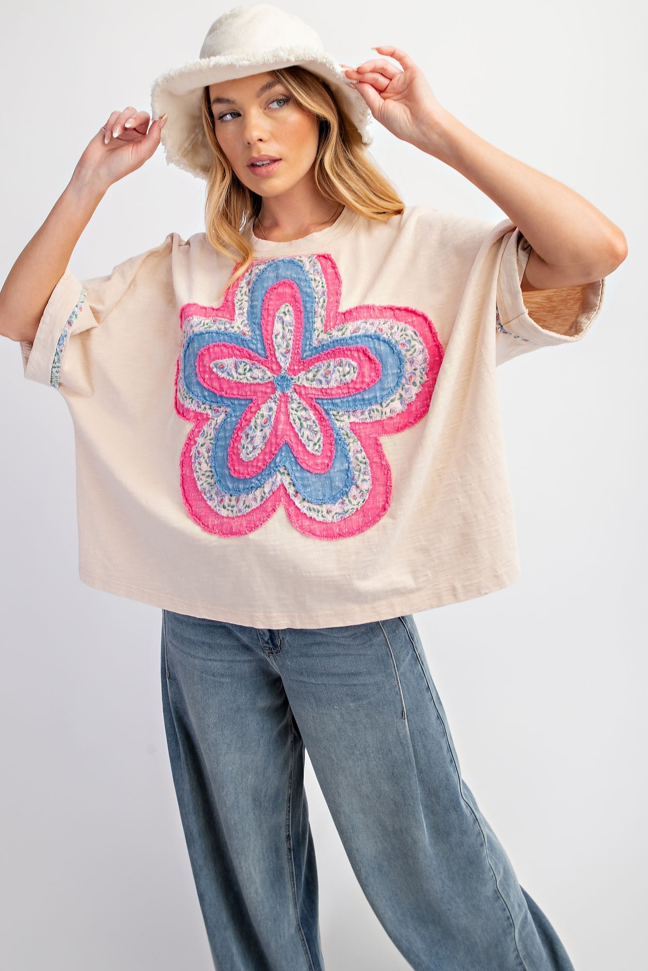 Easel Mineral Washed Cotton Top with Flower Patch in Cream – June Adel