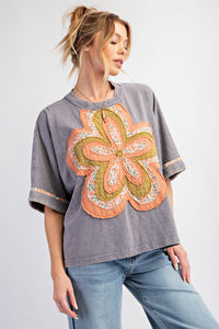 Easel Mineral Washed Cotton Top with Flower Patch in Slate