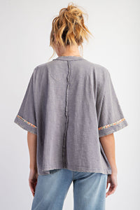 Easel Mineral Washed Cotton Top with Flower Patch in Slate