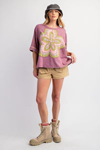 Easel Mineral Washed Cotton Top with Flower Patch in Dusty Magenta