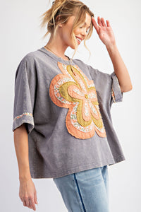 Easel Mineral Washed Cotton Top with Flower Patch in Slate