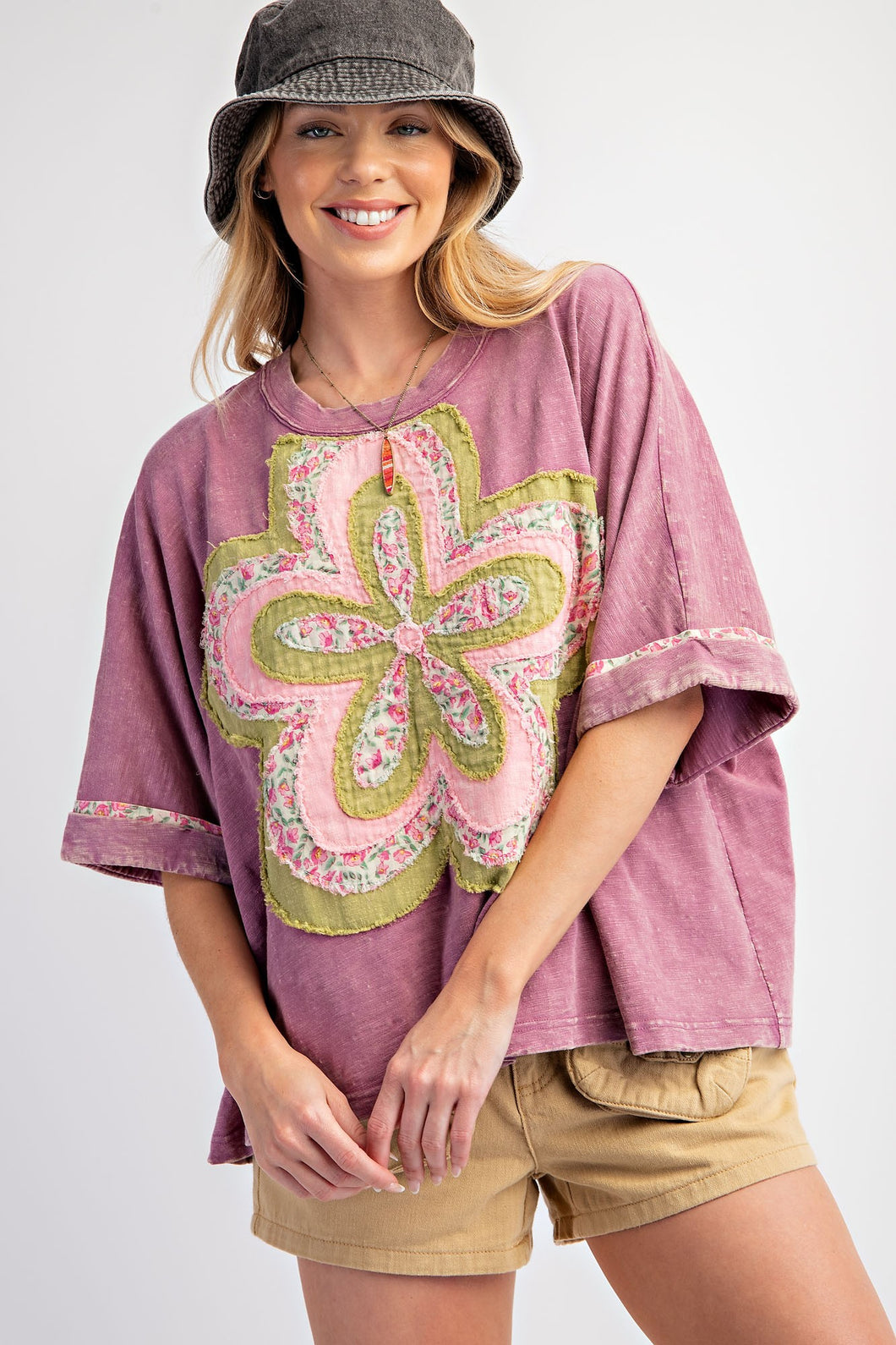 Easel Mineral Washed Cotton Top with Flower Patch in Dusty Magenta