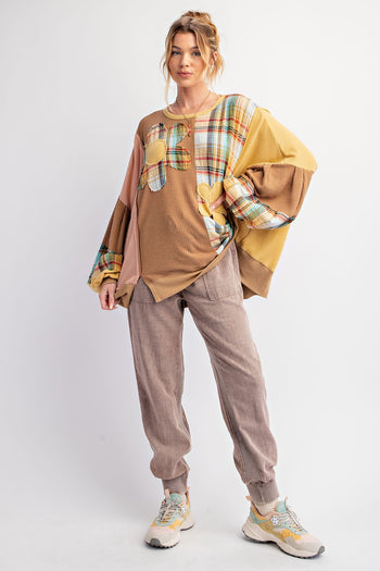 Easel Mixed Fabric Top with Daisy Patches in Mocha Combo FINAL SALE