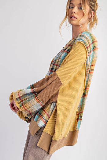 Easel Mixed Fabric Top with Daisy Patches in Mocha Combo FINAL SALE