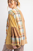 Easel Mixed Fabric Top with Daisy Patches in Mocha Combo FINAL SALE