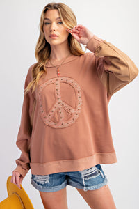 Easel Top with Raised Peace Sign Patch Embroidery and Stud Details in Cocoa