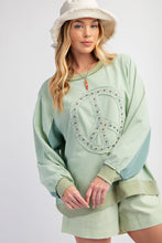 Load image into Gallery viewer, Easel Top with Raised Peace Sign Patch Embroidery and Stud Details in Olive Grey
