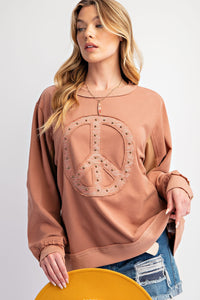 Easel Top with Raised Peace Sign Patch Embroidery and Stud Details in Cocoa