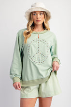 Load image into Gallery viewer, Easel Top with Raised Peace Sign Patch Embroidery and Stud Details in Olive Grey
