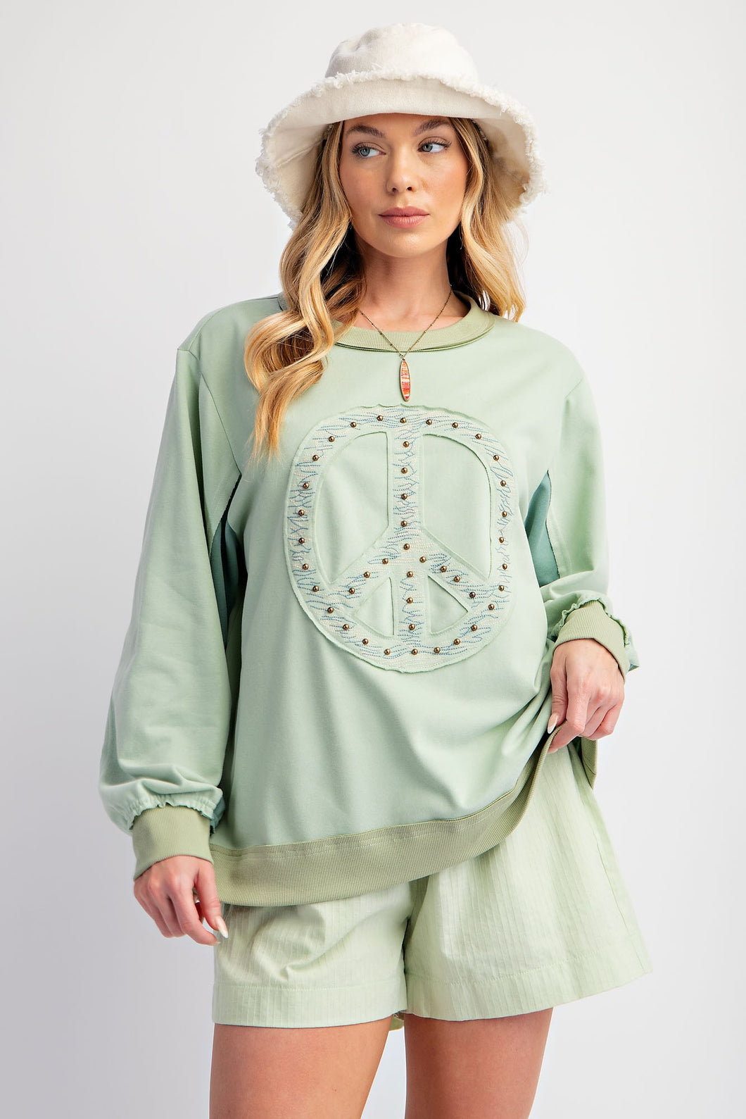 Easel Top with Raised Peace Sign Patch Embroidery and Stud Details in Olive Grey