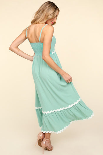 Haptics Solid Color Maxi Dress with Contrasting Ric Rac Trim in Sage FINAL SALE