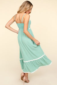 Haptics Solid Color Maxi Dress with Contrasting Ric Rac Trim in Sage