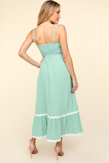 Haptics Solid Color Maxi Dress with Contrasting Ric Rac Trim in Sage FINAL SALE
