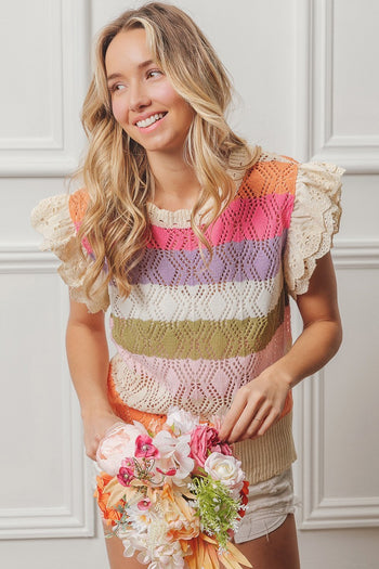 BiBi Open Knit Pointelle Top in Oatmeal Combo Shirts & Tops BiBi   