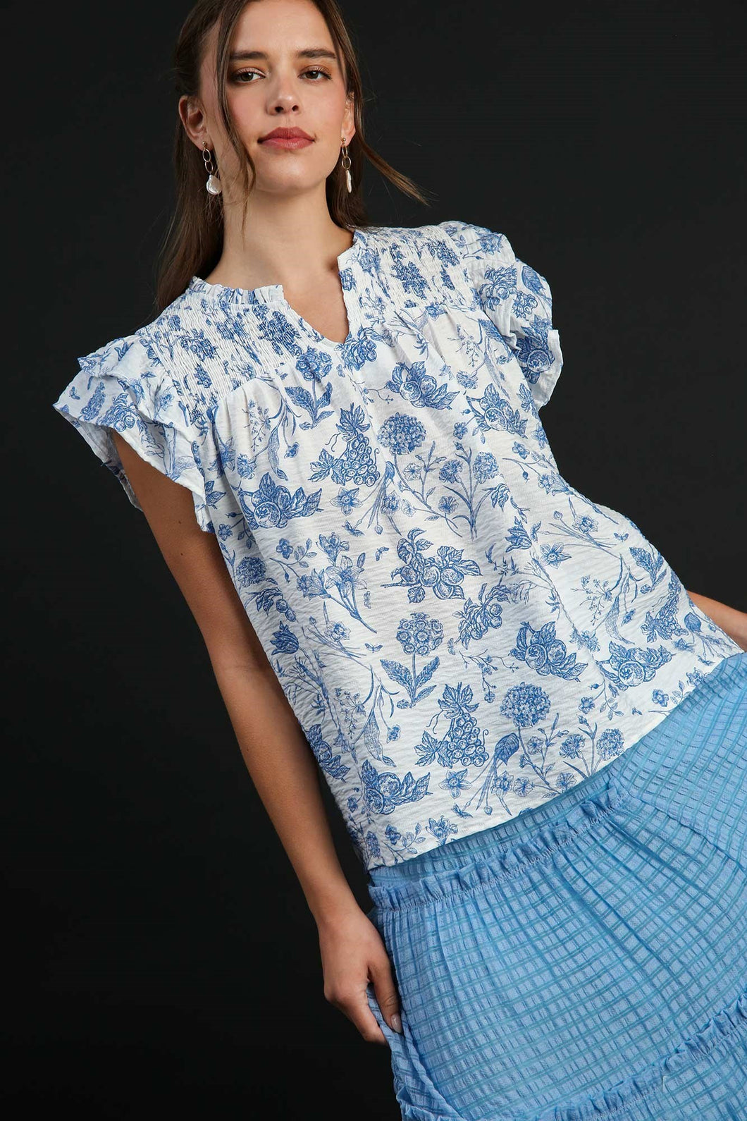 Umgee Two Toned Floral Print Boxy Cut Top in Blue