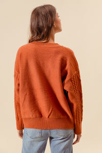 So Me Cable Knit Sweater with Flower Embroidery Details in Brick