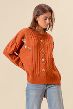 Load image into Gallery viewer, So Me Cable Knit Sweater with Flower Embroidery Details in Brick
