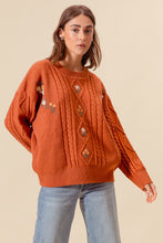 Load image into Gallery viewer, So Me Cable Knit Sweater with Flower Embroidery Details in Brick
