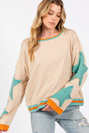 Sage+Fig French Terry Top with Star Appliques in Sand/Green FINAL SALE